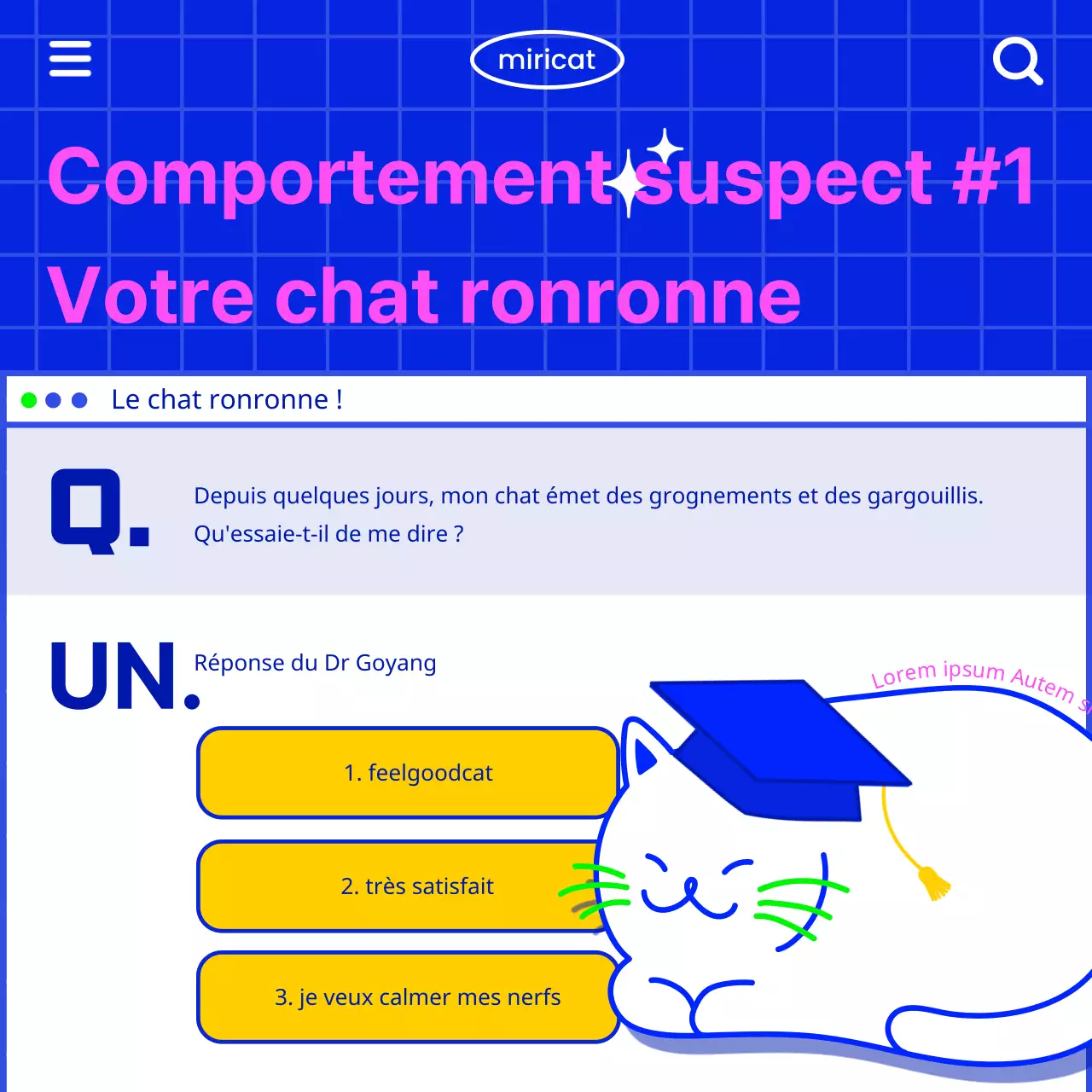 Communiquer des informations sur les chats dans un esprit rétro avec une illustration de chat blanc sur fond bleu.