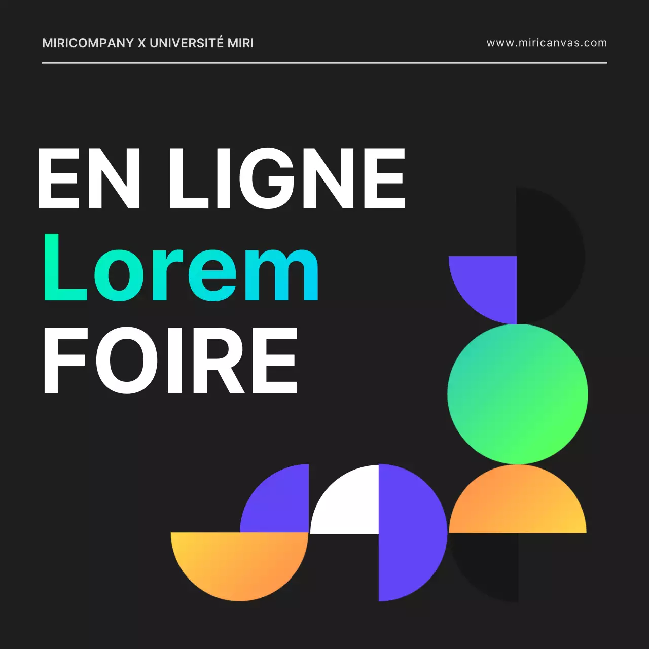 Un salon de l'emploi en ligne pour un développeur informatique, avec une ambiance citadine, des formes géométriques en noir et des couleurs néon.