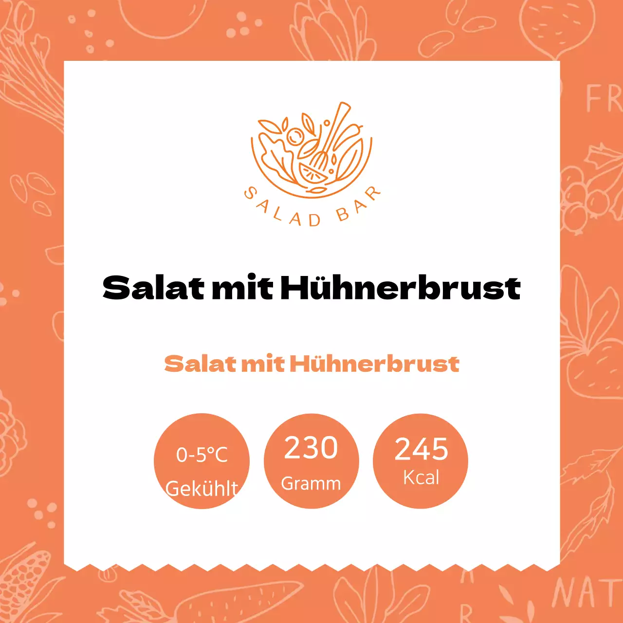 Salatetikett mit orange gemusterter Hühnerbrust