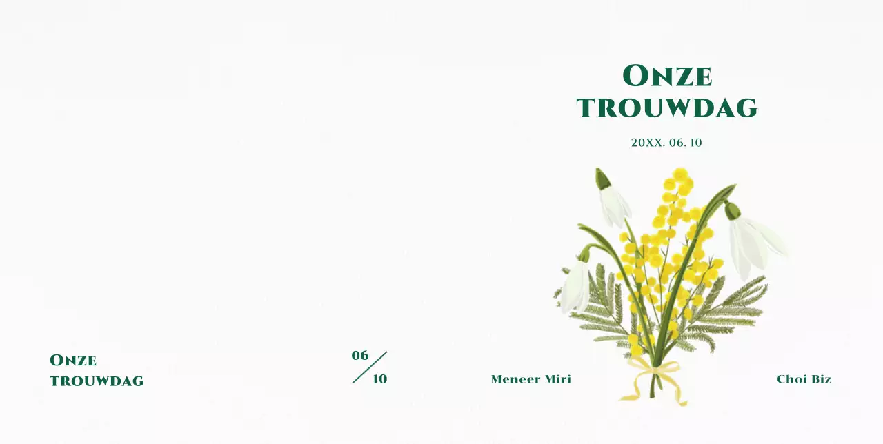 Eenvoudige en sentimentele huwelijksuitnodiging met illustratie van witte lelies en gele bloemen