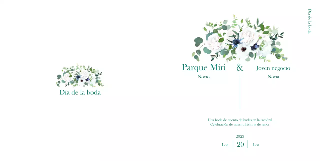 Una invitación de boda limpia con un toque de vegetación y ramos de flores