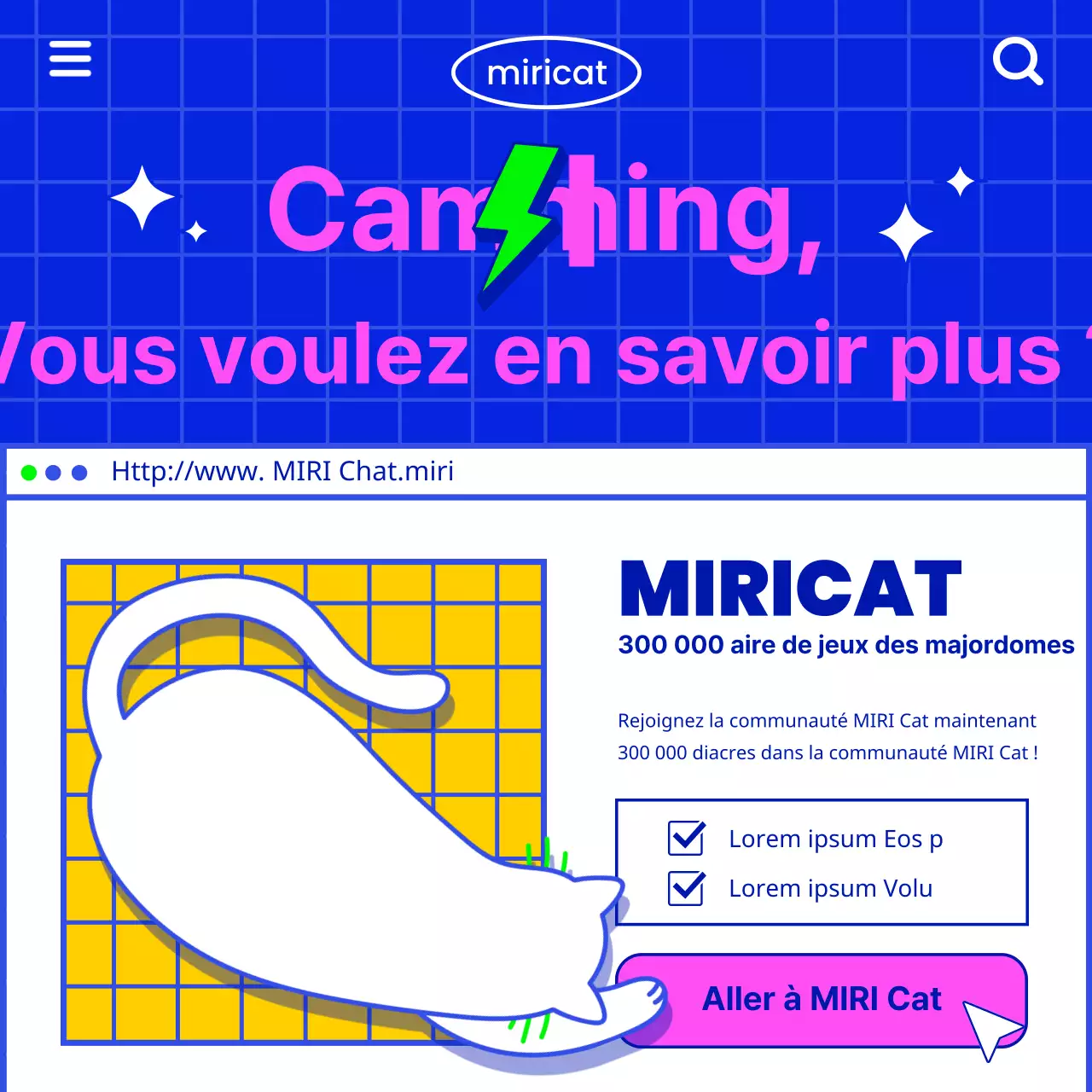 Communiquer des informations sur les chats dans un esprit rétro avec une illustration de chat blanc sur fond bleu.