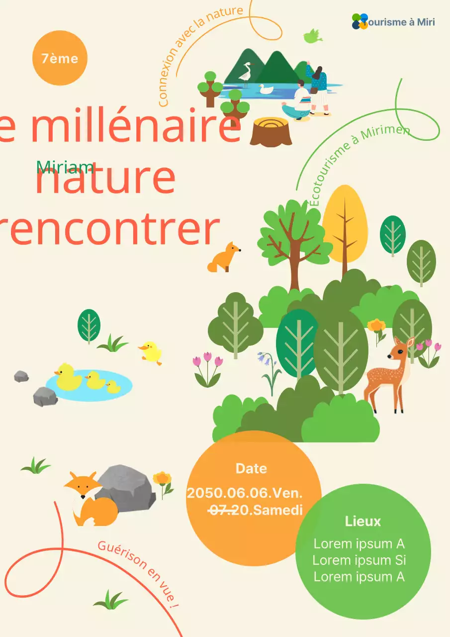 Un événement inspiré de la nature avec des accents orange et verts et de jolies illustrations.