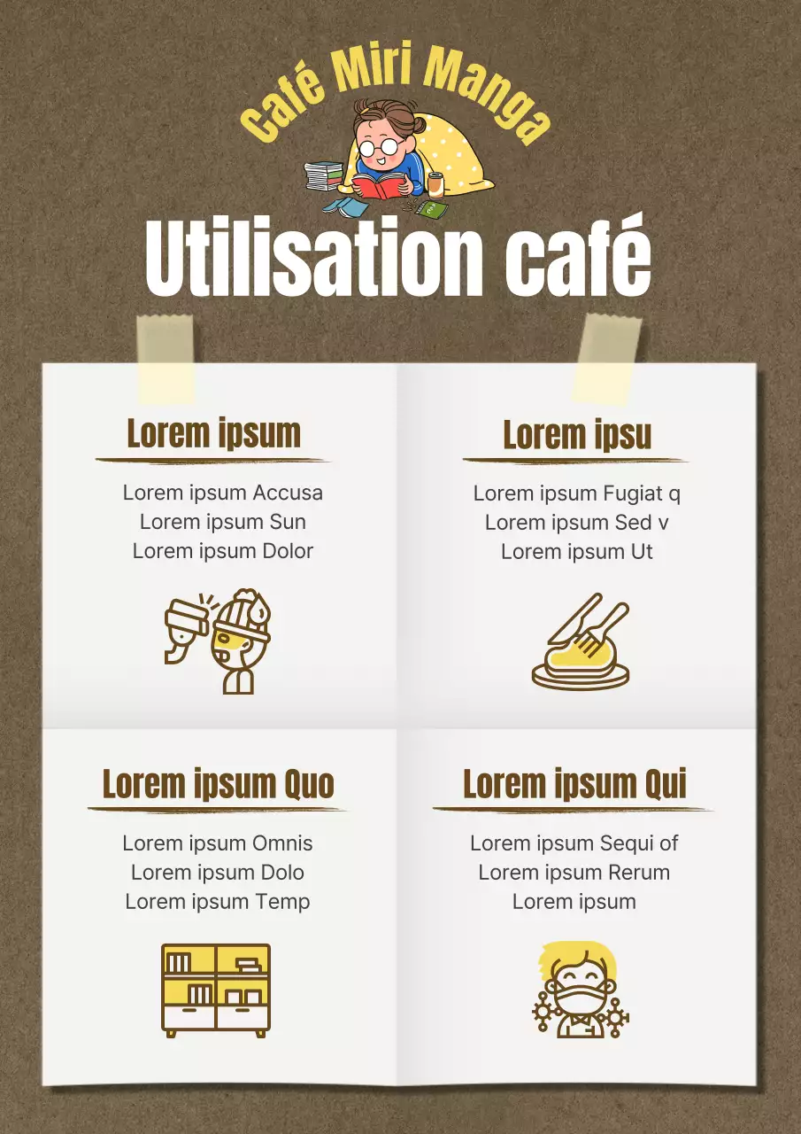 Comment utiliser ce mignon café manga illustré en brun et jaune ?