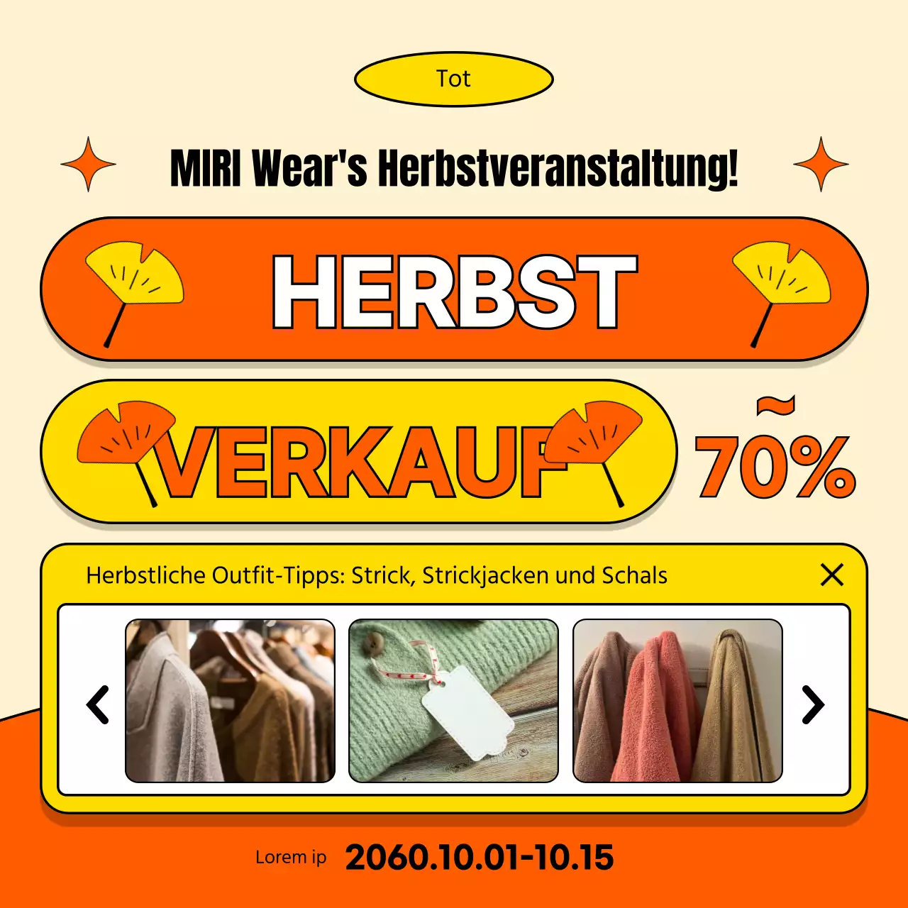 Werbung für eine einfache Herbstveranstaltung im Einkaufszentrum in Orange und Gelb