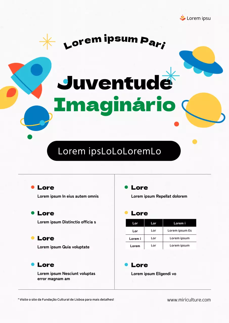 Convite à apresentação de actividades com ilustrações coloridas de conceitos espaciais