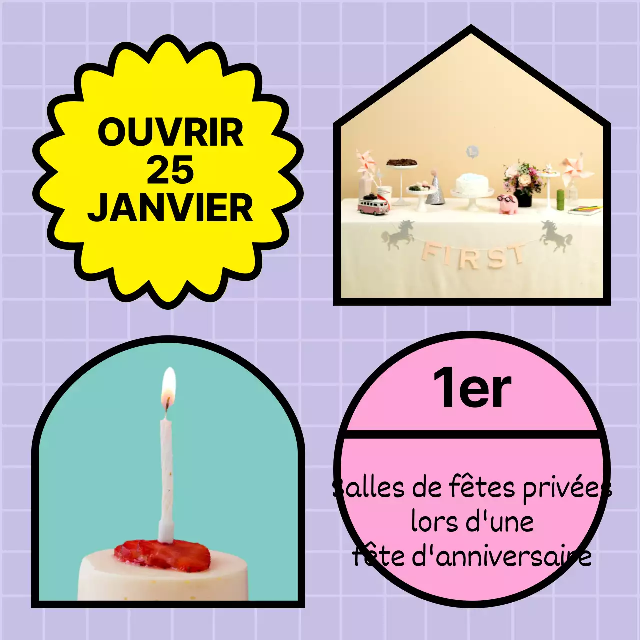 Une salle de fête privée au concept pastel et géométrique pour une célébration d'anniversaire.
