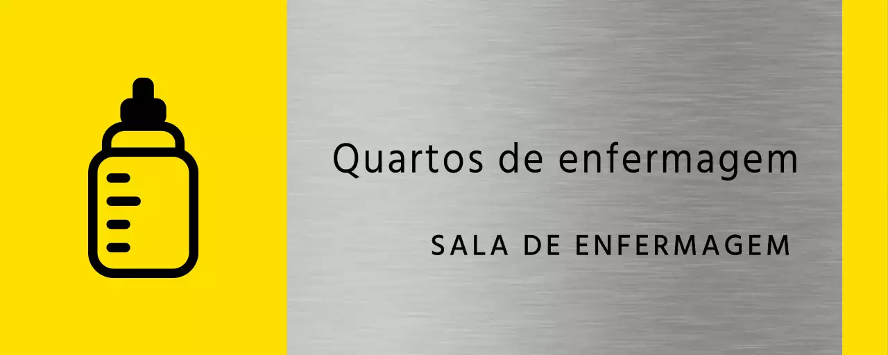 Sinalética simples em amarelo e preto com o nome da sala de amamentação do edifício e um ícone quadrado de biberão.