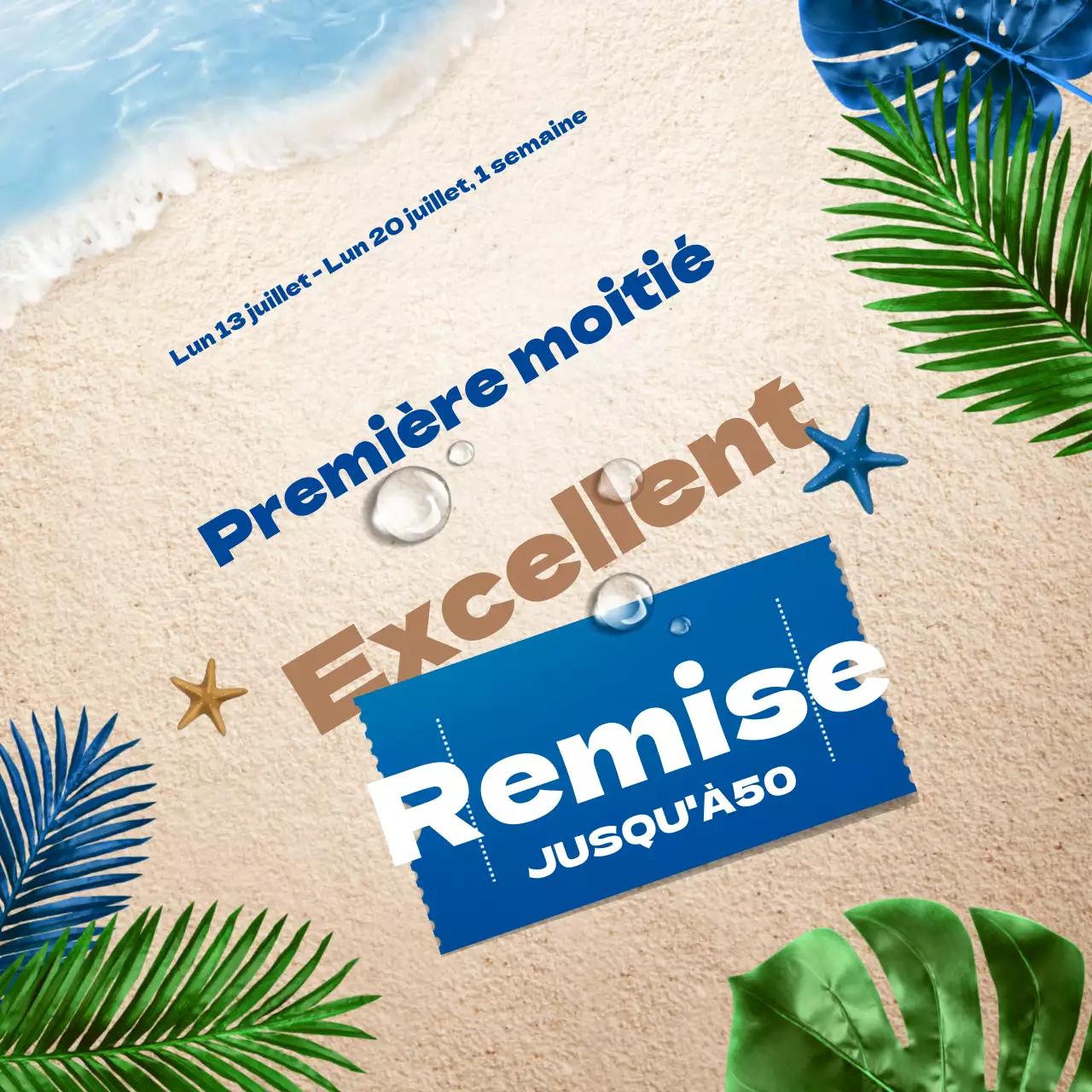 Bleu Beige Concept de coupon propre et tropical sur la plage Promotion de fin d'année du premier semestre