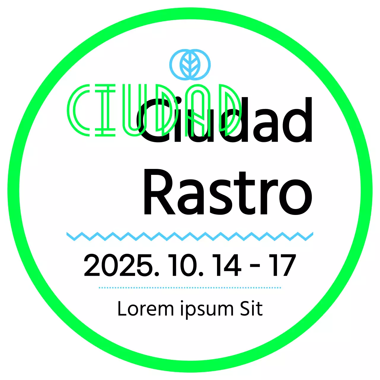 Cartel promocional con un anuncio de mercadillo verde cielo negro y varias ilustraciones de formas.