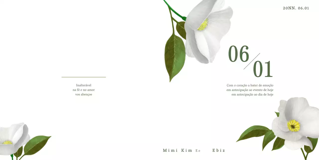 Convite de casamento com destaque para a data em flores brancas