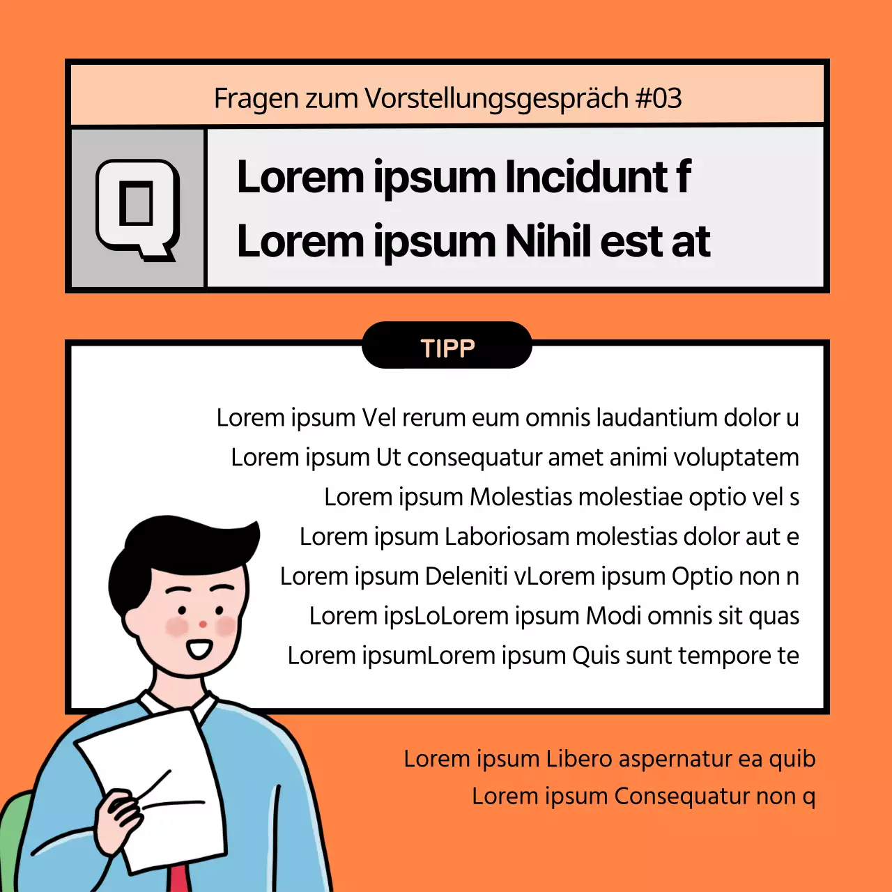 Orange-schwarze Tipps für zu erwartende Interviewfragen und Musterantworten