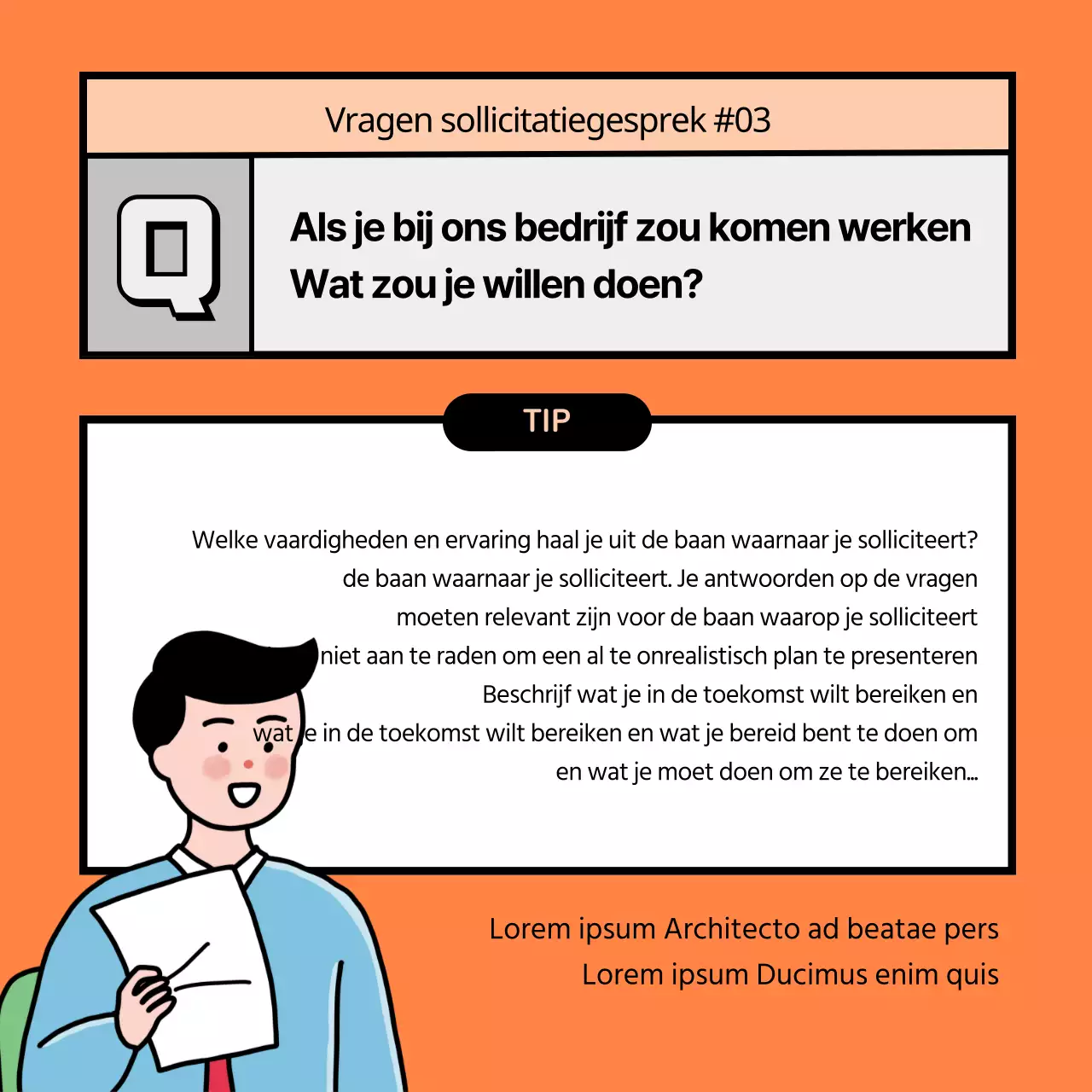 Oranje en zwarte tips voor verwachte interviewvragen en modelantwoorden