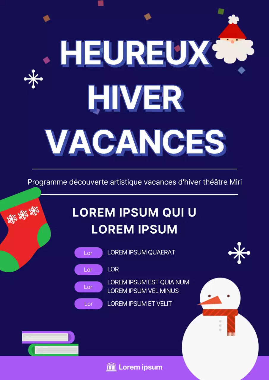 Un programme de vacances scolaires illustré et hivernal en bleu marine