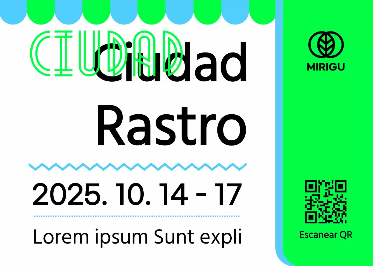 Cartel promocional con un anuncio de mercadillo verde cielo negro y varias ilustraciones de formas.