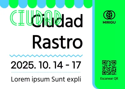 Cartel promocional con un anuncio de mercadillo verde cielo negro y varias ilustraciones de formas.