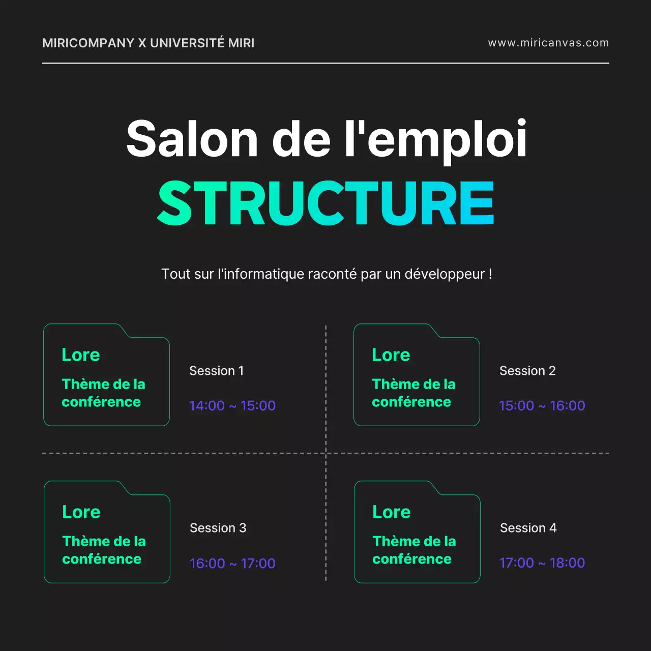 Un salon de l'emploi en ligne pour un développeur informatique, avec une ambiance citadine, des formes géométriques en noir et des couleurs néon.