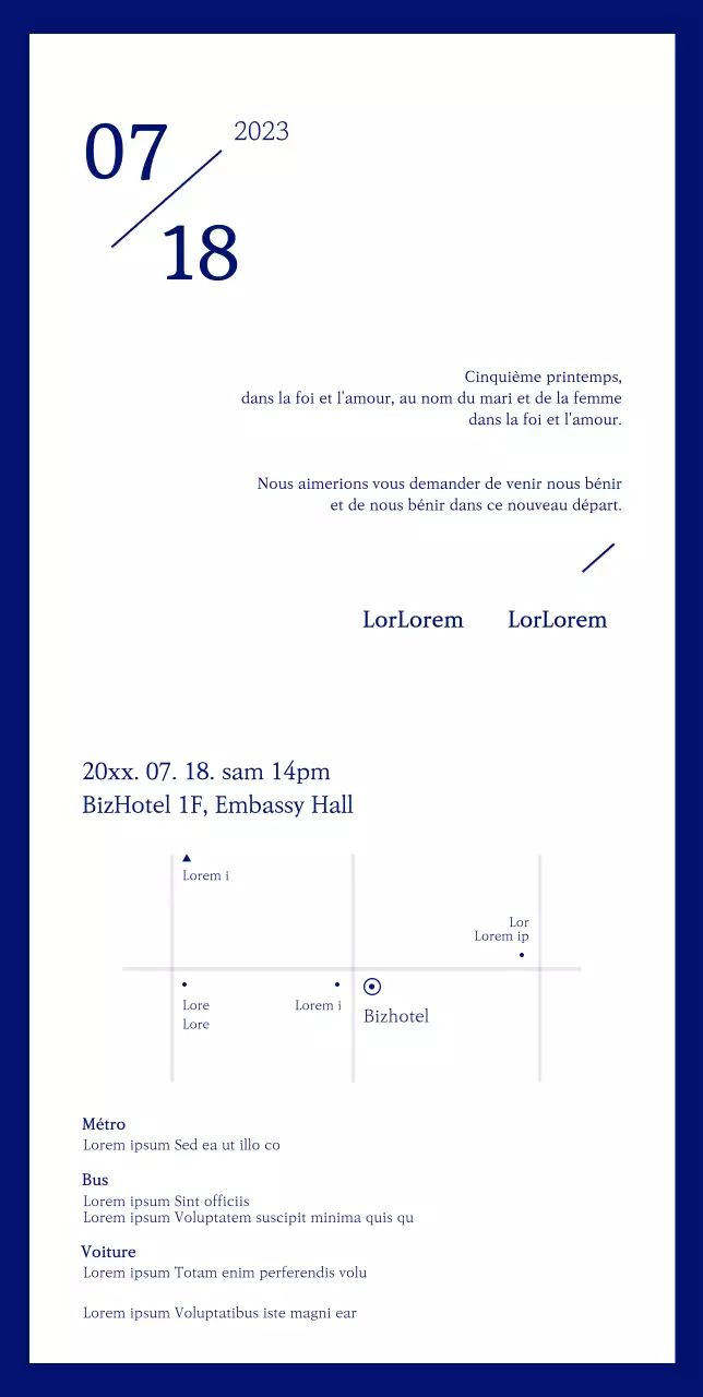 Une invitation de mariage épurée sur fond bleu