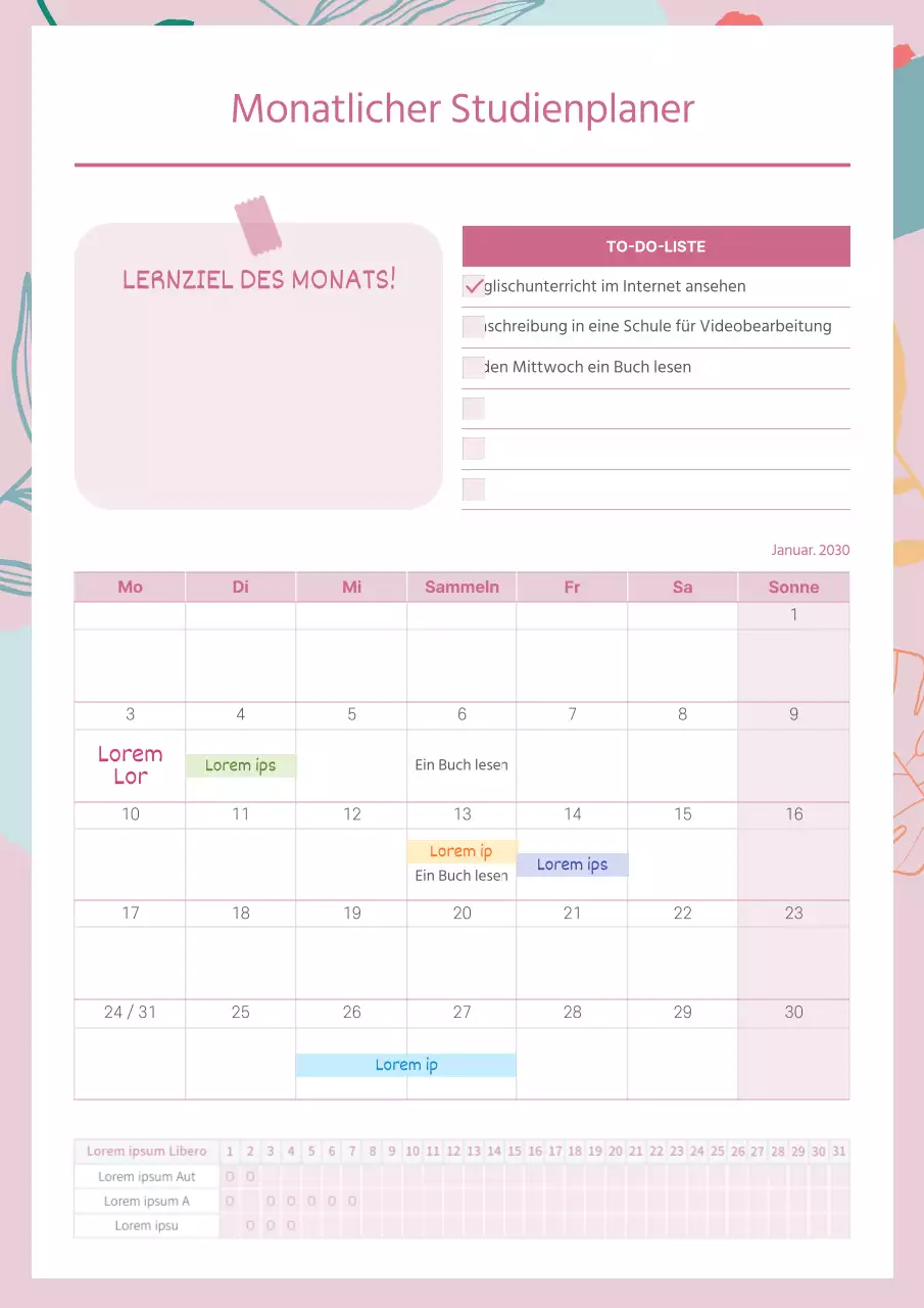 Monatlicher Studienplaner in Rosa