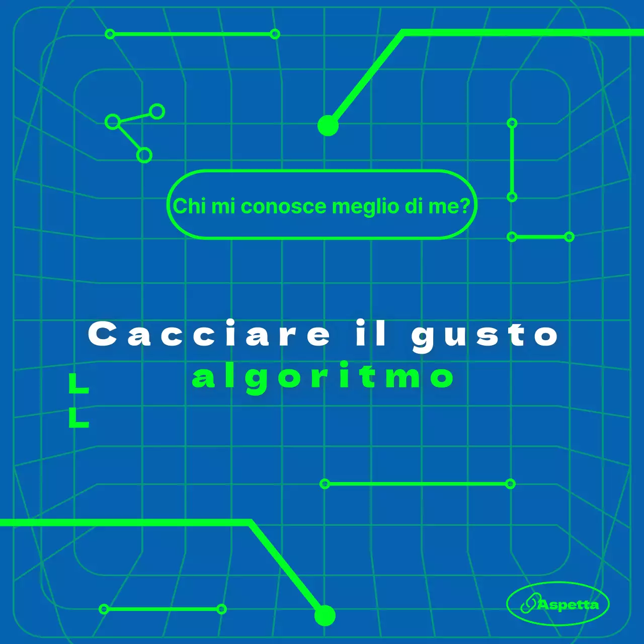Tema di raccomandazione algoritmica con sfondo blu e linee di collegamento