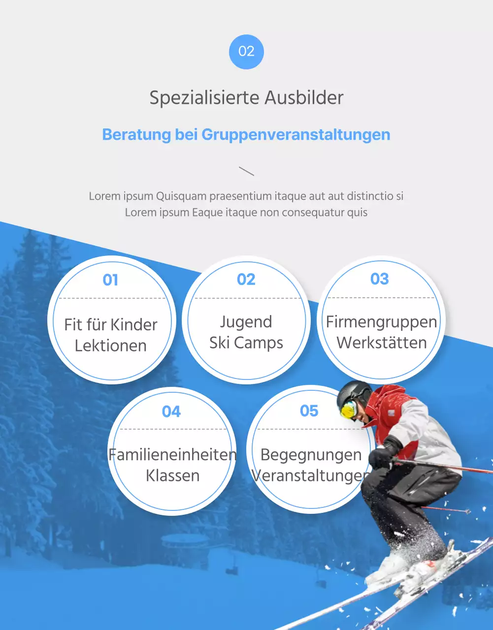 Eine einfache weiß-blaue Skilehrer-Detailseite