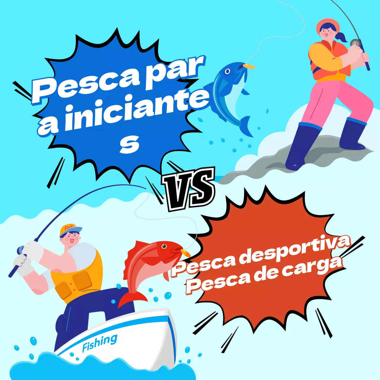 Posto de comparação de pesca kitsch entre o azul e o vermelho
