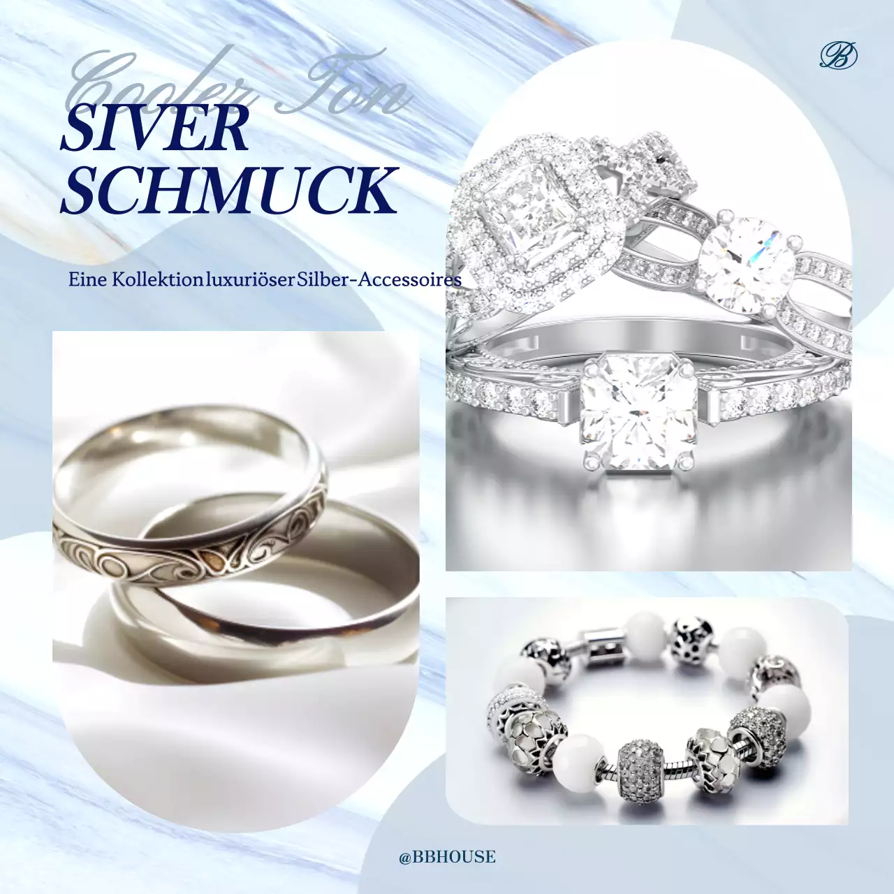 Werbung für luxuriöse silberne Accessoires in Hellblau und Grau
