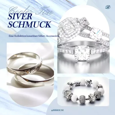 Werbung für luxuriöse silberne Accessoires in Hellblau und Grau