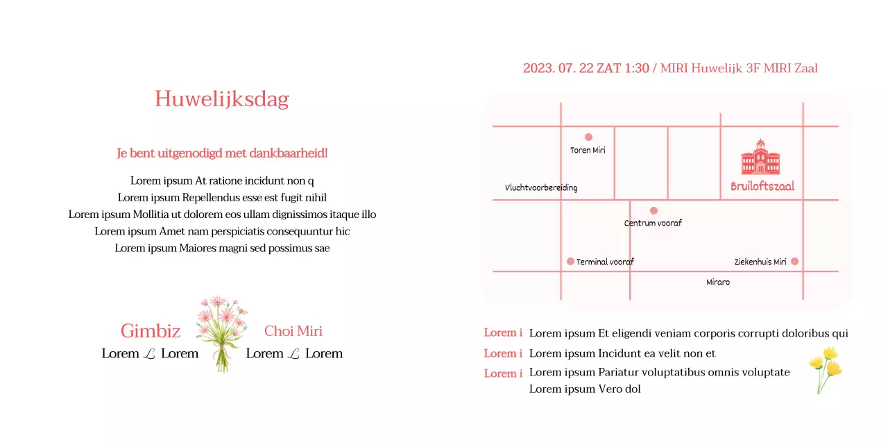 Eenvoudige huwelijksuitnodiging met roze bloemen op een witte achtergrond