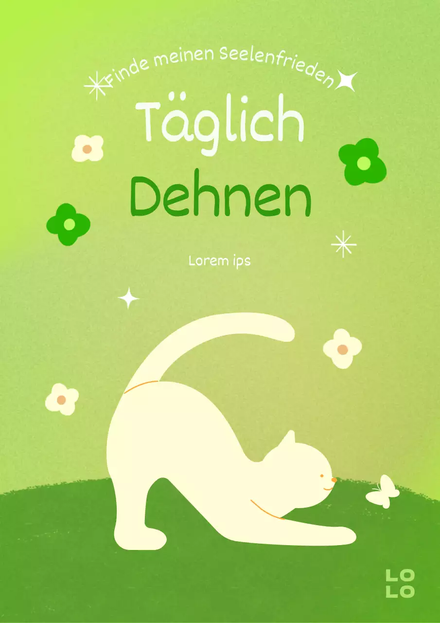 Fördern Sie warme, natürliche tägliche Dehnungen mit einer Katze, die sich in Lindgrün und Grün dehnt.