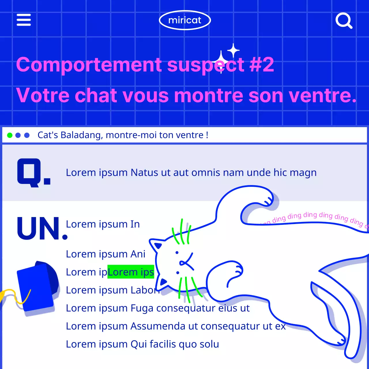 Communiquer des informations sur les chats dans un esprit rétro avec une illustration de chat blanc sur fond bleu.
