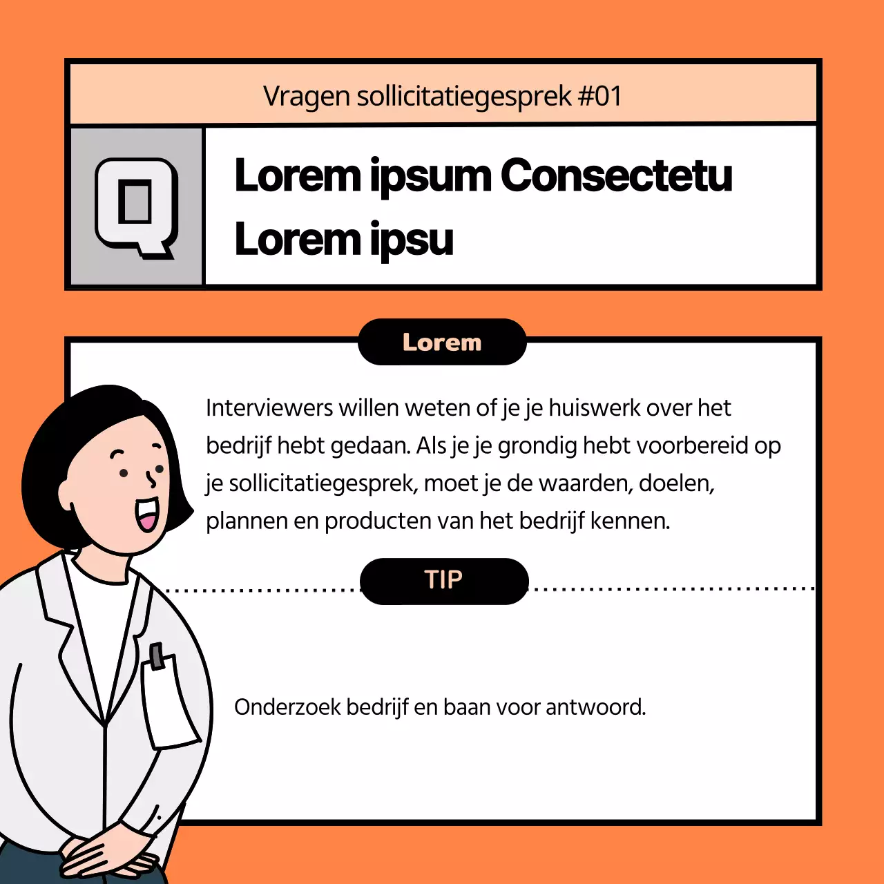 Oranje en zwarte tips voor verwachte interviewvragen en modelantwoorden