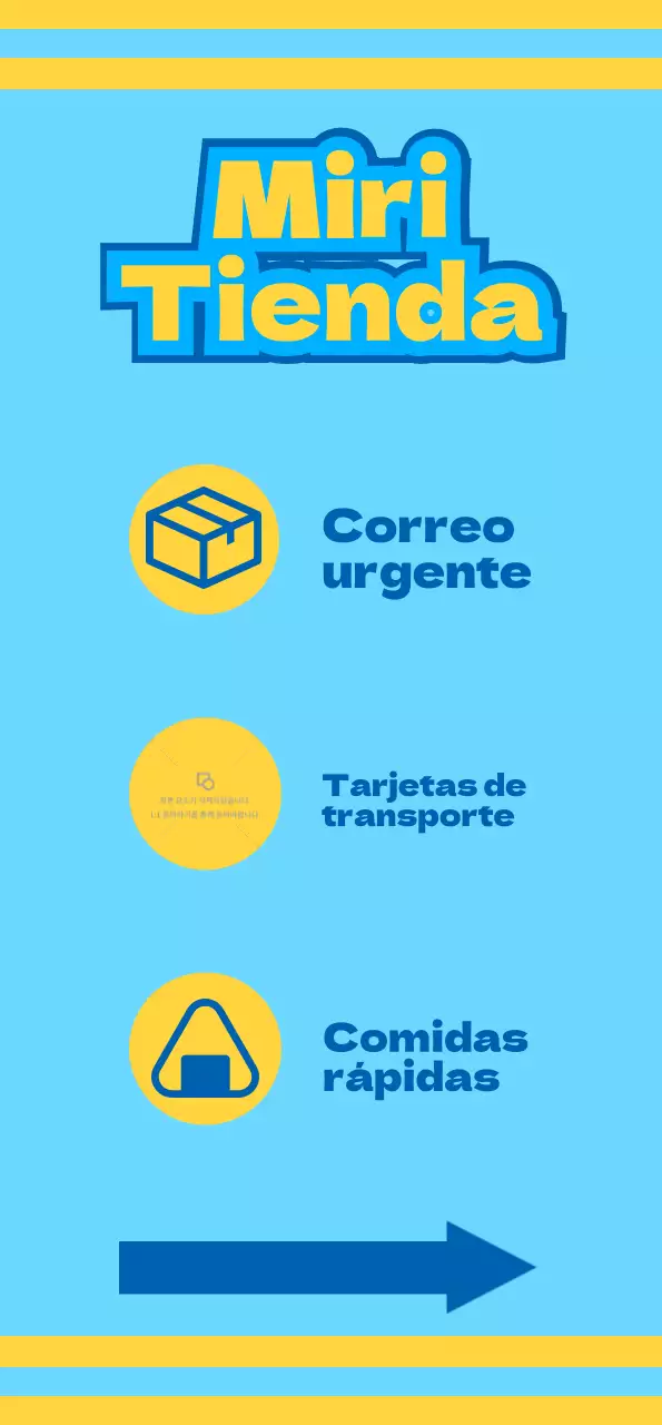 Tiendas de comestibles con iconos azules y amarillos que promocionan sus diversos servicios.