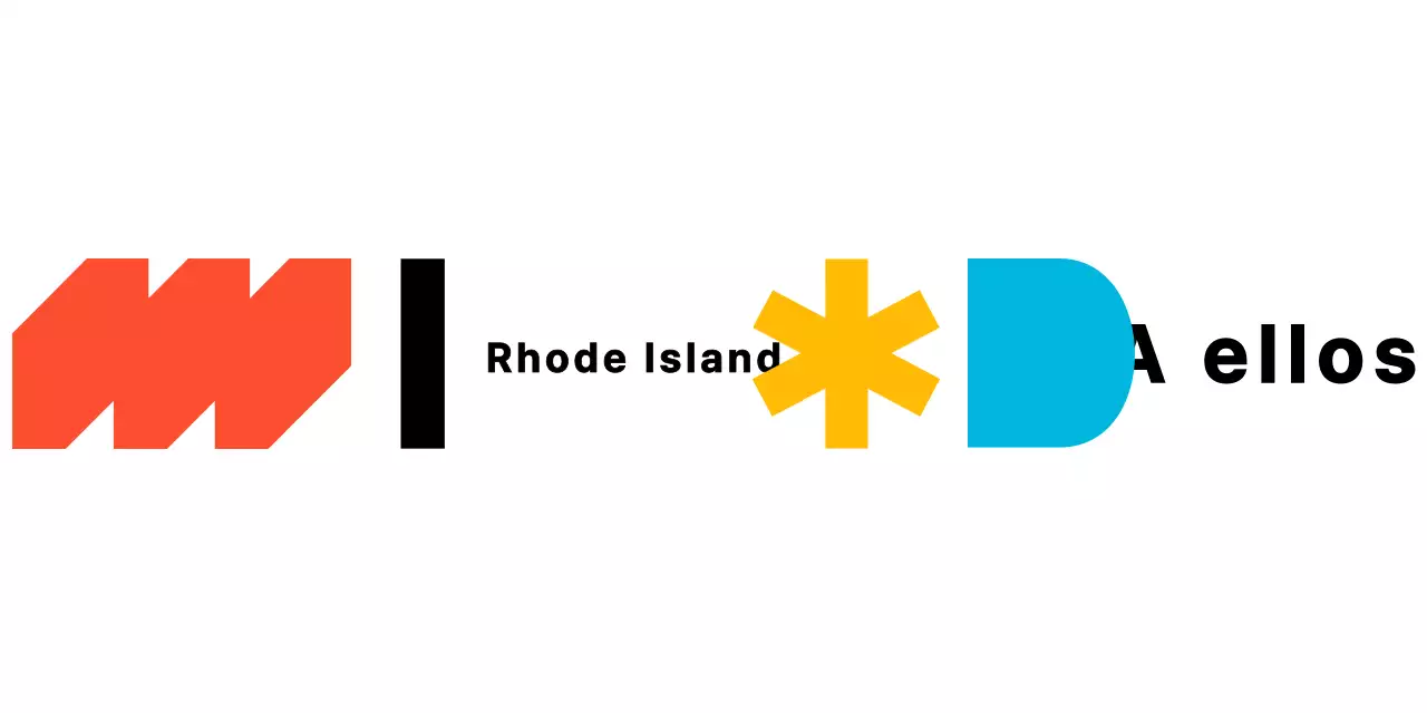 Un logotipo con una mezcla de formas sencillas y alfabetos en varios colores y negro.