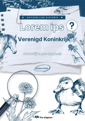 Boekomslag met lijntekeningen van flora en fauna in marineblauw.
