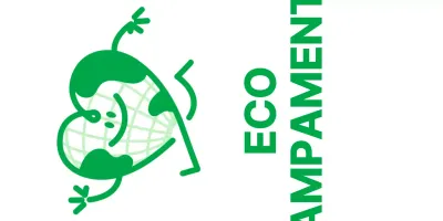 Promueve un campamento ecológico con un simpático personaje de color verde con forma de corazón.