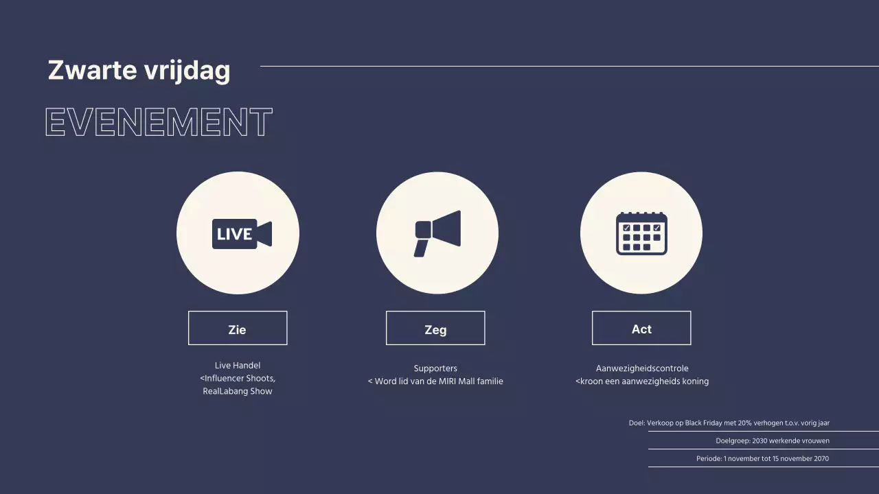 Black Friday event planner voor een modern winkelcentrum in navy en beige