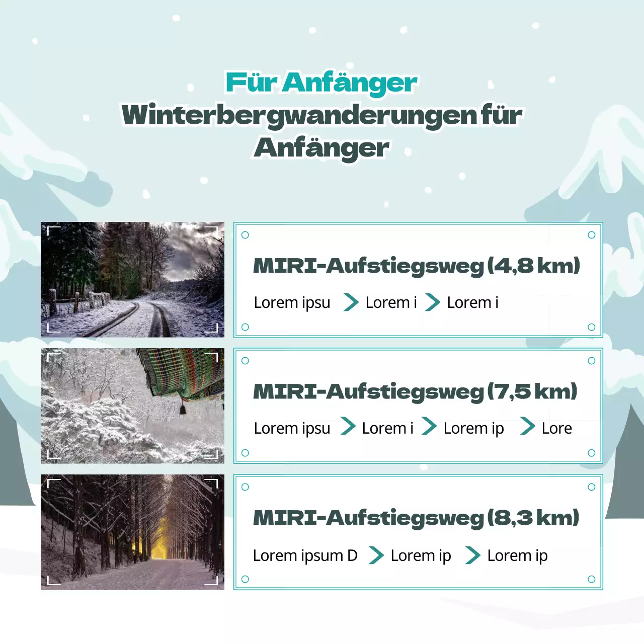 Niedliche Illustrationen in Hellblau und Grün Sicherheitstipps für den Winter in den Bergen