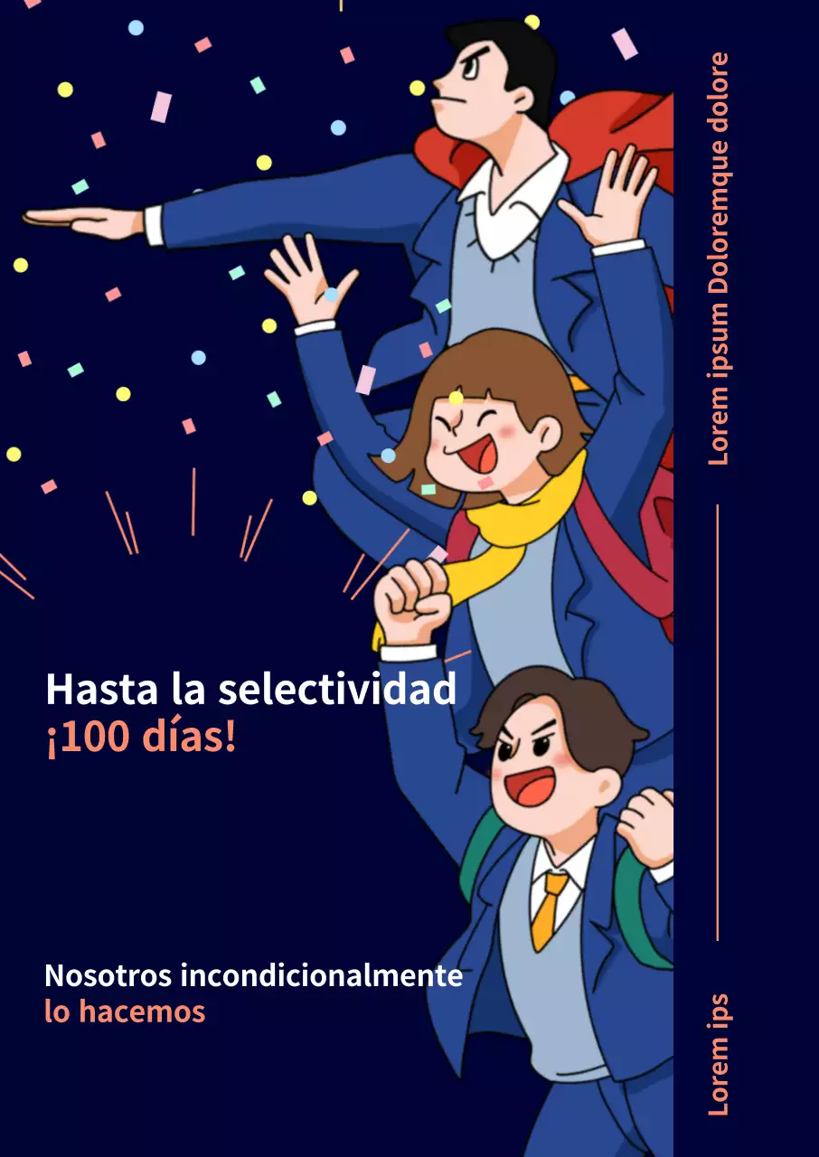 Póster para animar la vuelta al cole con fondo azul marino e ilustración de estudiantes felices
