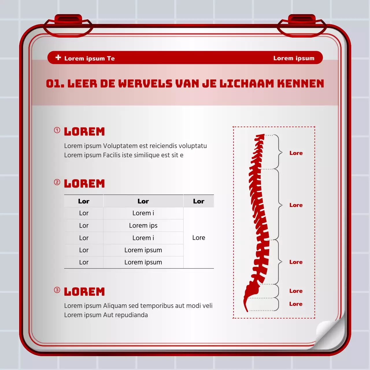 Rood-wit ijzeren verbanddoos concept Lumbale disc informatie en ziekenhuispromotie