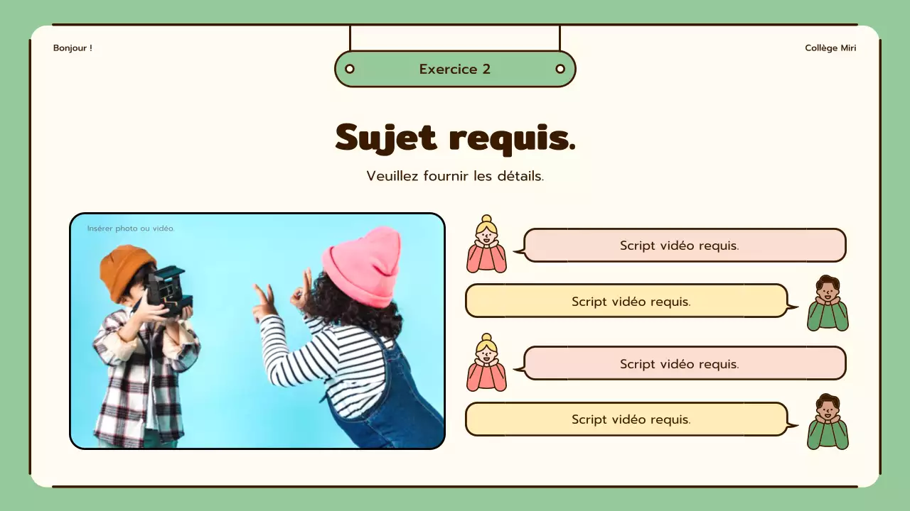 Cours d'anglais mettant en valeur des illustrations mignonnes dans les tons beige et vert