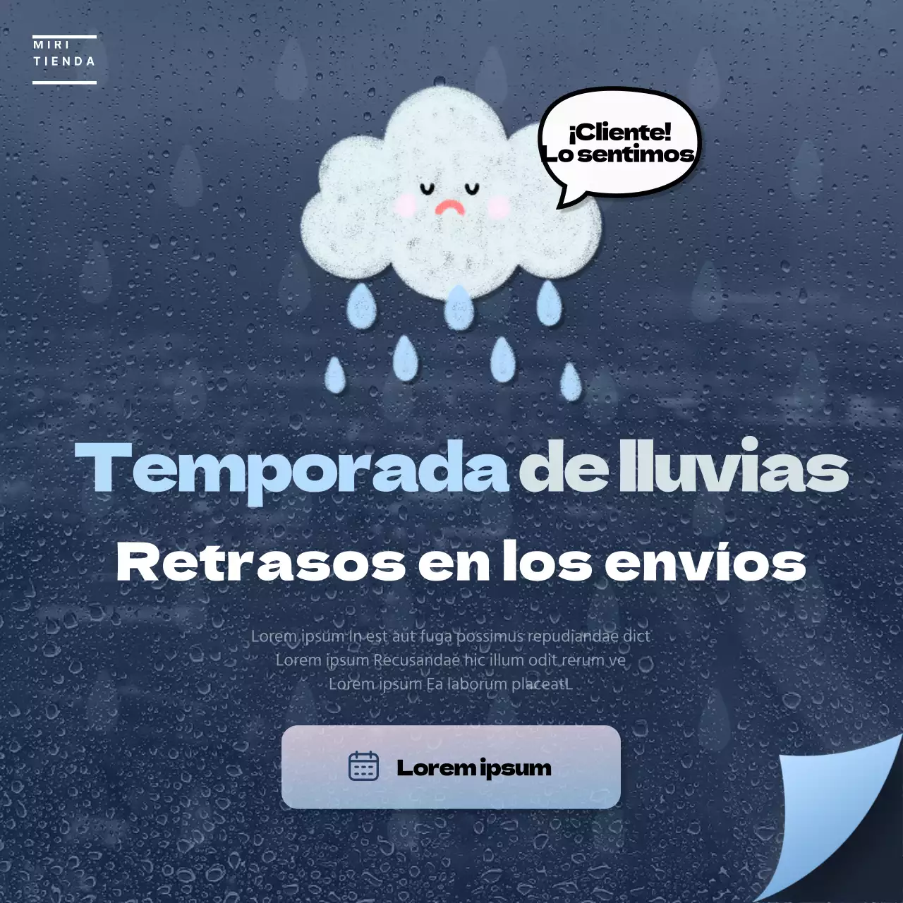 Anuncios de entrega retrasada con elementos de lluvia en azul marino y azul claro