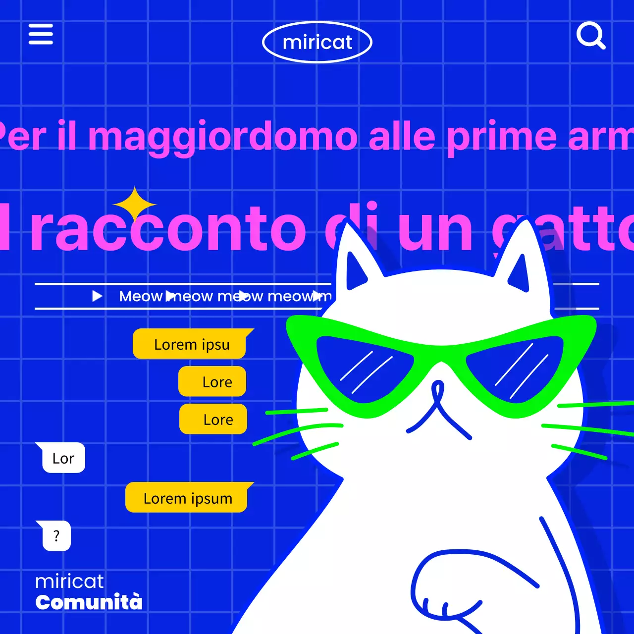Comunicare informazioni sui gatti con un'atmosfera retrò da internet, con un'illustrazione di gatto bianco su sfondo blu.