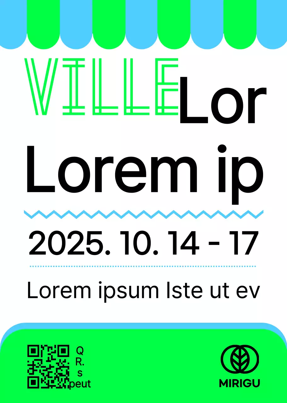 Un panneau promotionnel avec une annonce de marché aux puces vert ciel noir et plusieurs illustrations de formes.