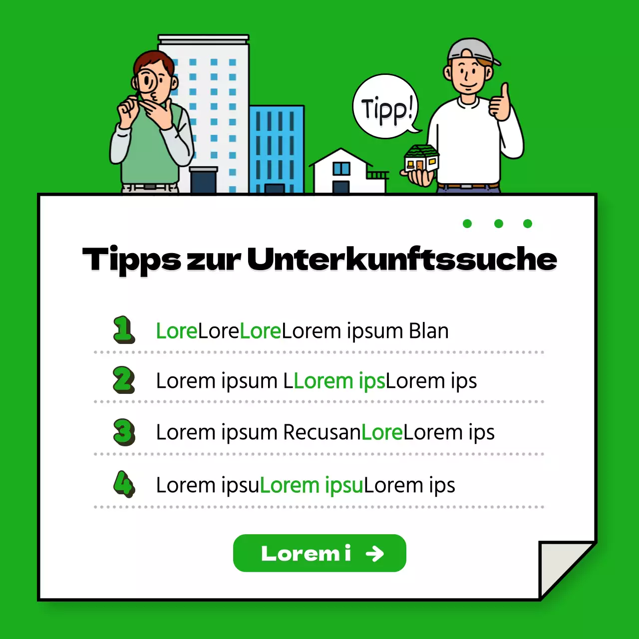 Grünes ordentliches Notizen machen Thema Wohnungssuche Informationen weitergeben