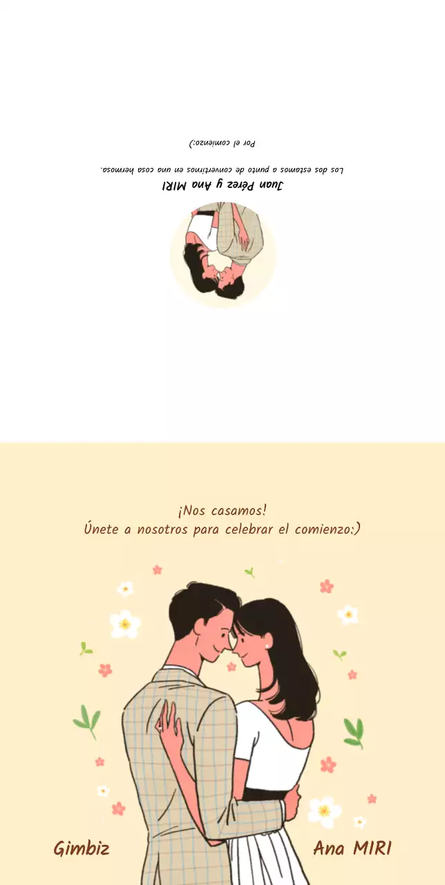 Invitaciones de boda de novios frente a frente sobre fondo amarillo claro