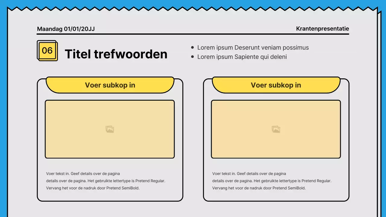 Gedurfde lijnen en aandachttrekkende presentatie in een krantenconcept met gele en lichtblauwe accentkleuren