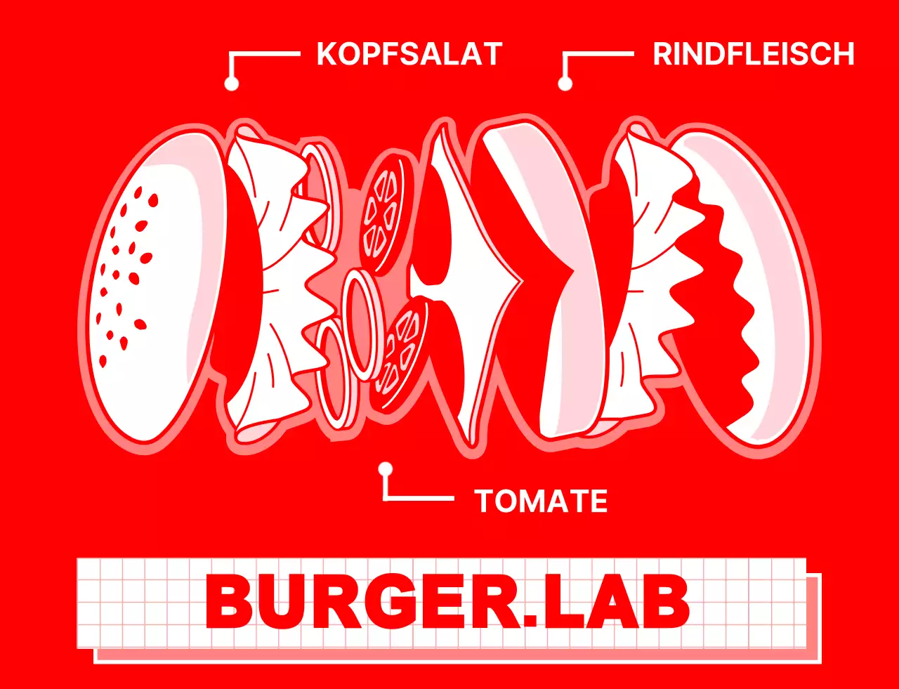 Sauberes Design für einen Hamburger-Laden mit roten und weißen Illustrationen von Hamburger-Zutaten