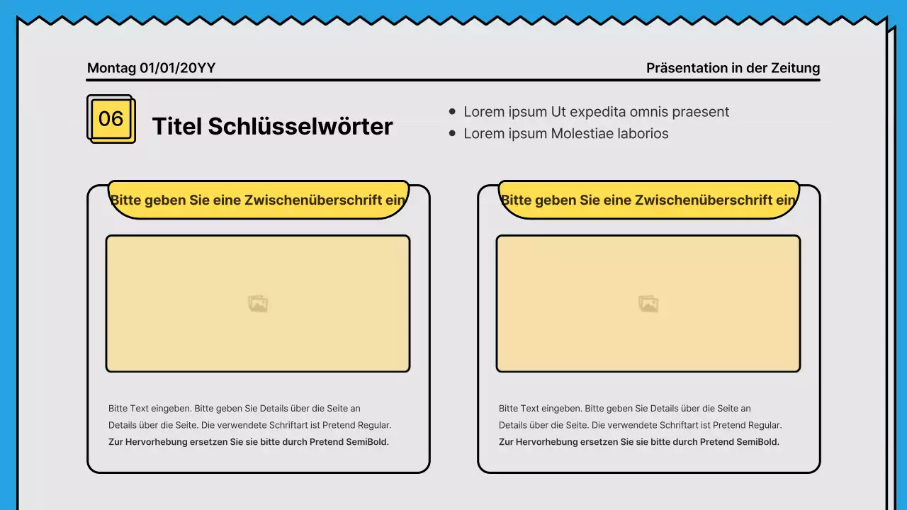 Kräftige Linien und eine aufmerksamkeitsstarke Präsentation in einem Zeitungskonzept mit gelben und hellblauen Akzentfarben