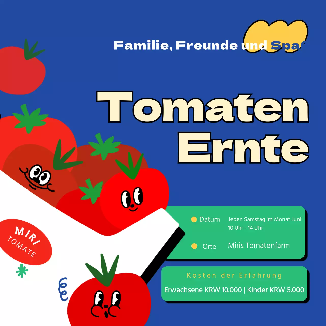 Rote Tomatenernte-Informationen auf blauem Hintergrund mit niedlichen Illustrationen